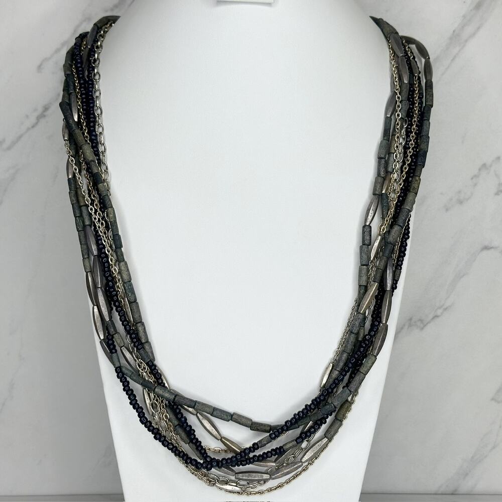Chico's Multi Strand Blue Bead Silver Tone Necklace Mixed Chain 37.75-40.5" ✨
